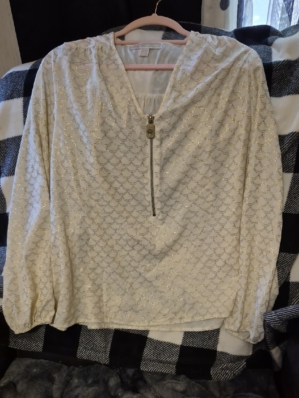 Michael Kors Cream Blouse with Gold Glitter Zip